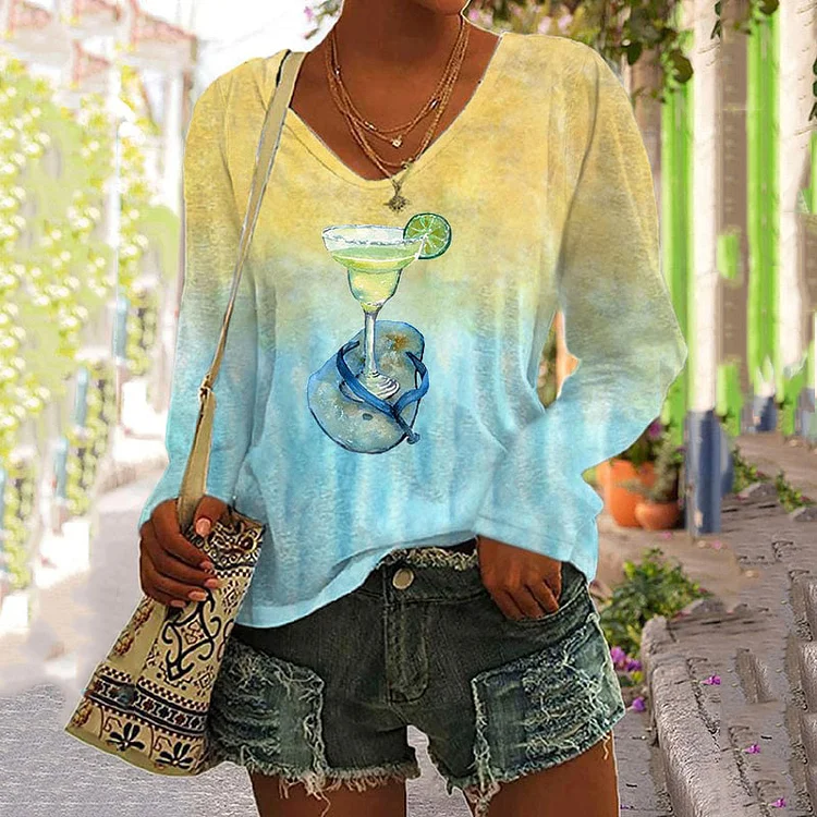 Flip Flop Margarita V-Neck Long Sleeve T-Shirt