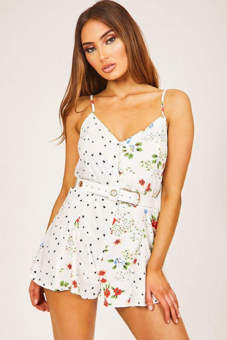 White Heart And Floral Print Playsuit Katch Me