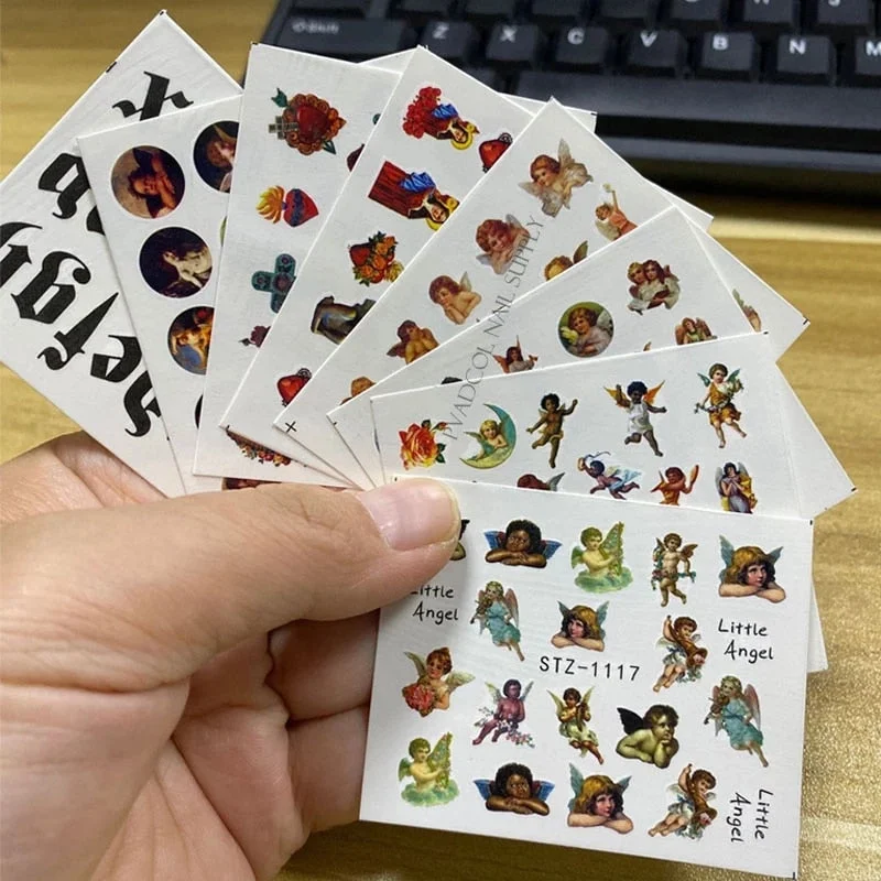 Angel Nails Stickers Water Transfer Nail Art Decals Cherub Angels Baby Sticker Rose Letters Tips Wraps Manicure Decoration-Nail Inspo