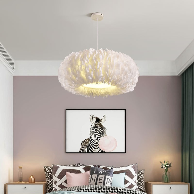 White Fluffy Feather Pendant Light Lampshade For Bedroom