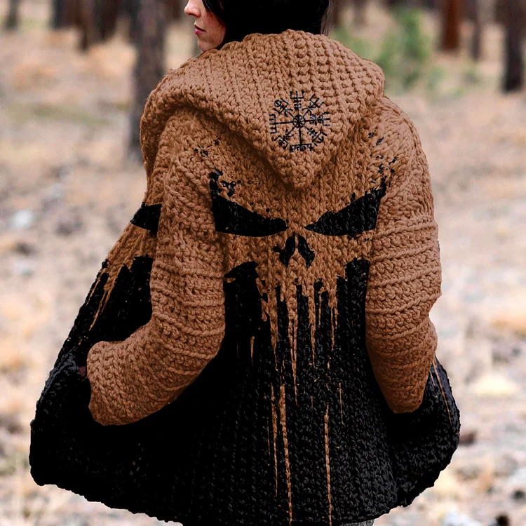 Retro Viking Skull Runes Totem Print Hooded Cardigan Sweater