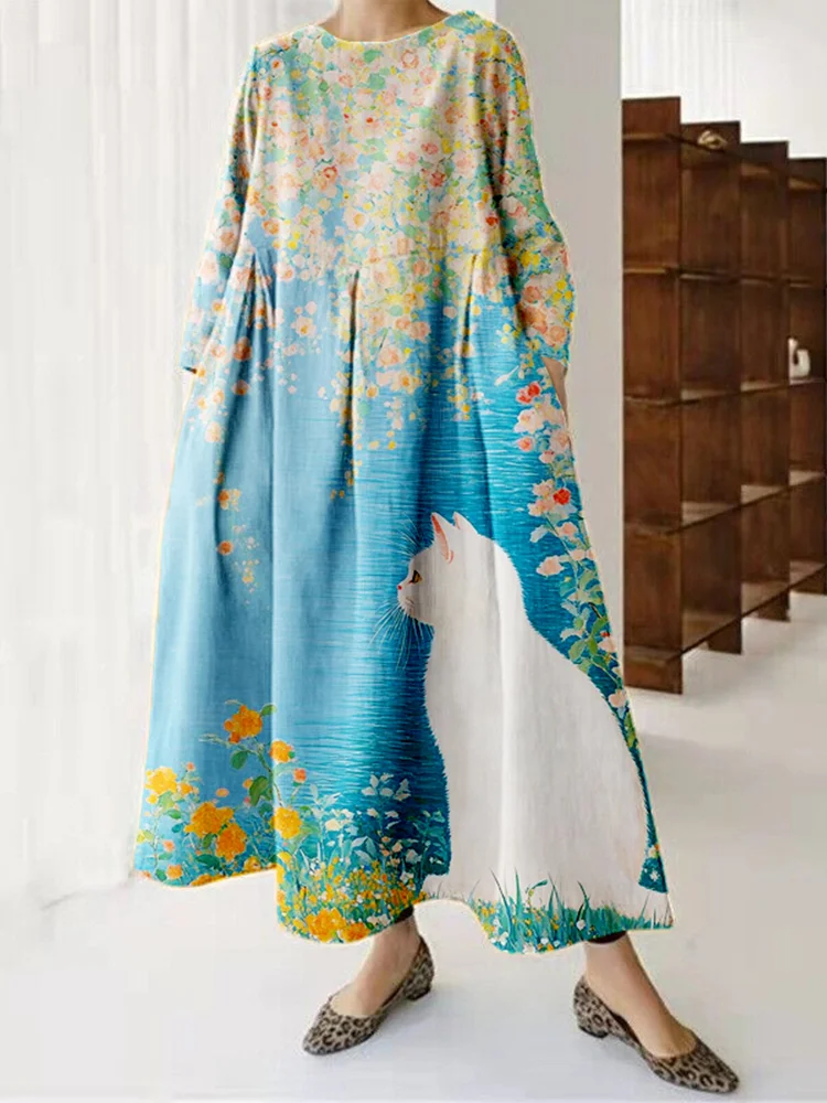 Cat Under The Osmanthus Tree Art Linen Maxi Dress