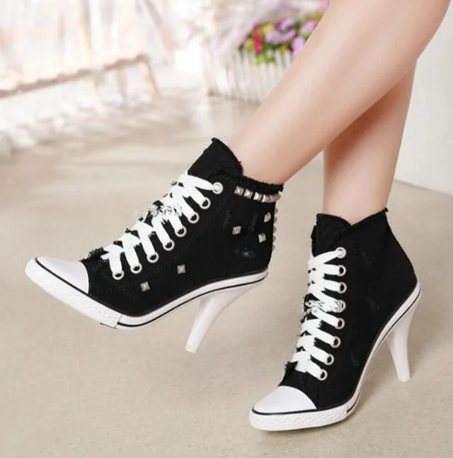Qengg Women Canvas Shoes Denim High Heels Black Rivets Shoes Fashion Shoe Laces Sneakers Women Short Boots