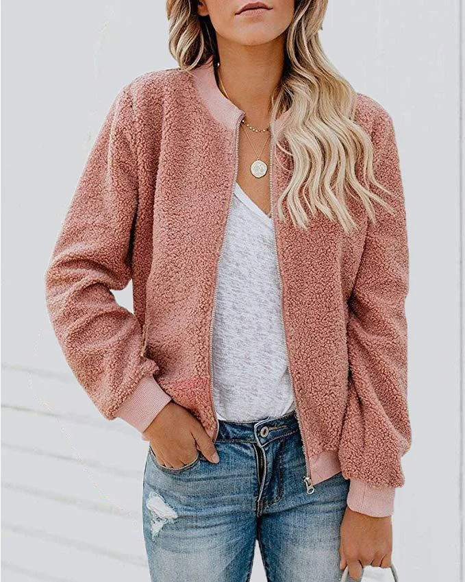 Women's Jackets Fashion Plush Zipper Long Sleeve Jacket