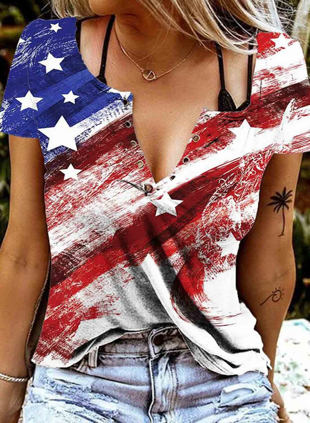 Buzzdaisy Women's T-shirts American Flag Button Neck T-shirt