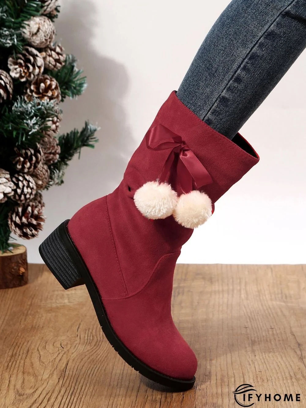 Christmas Pompom Decor Faux Suede Slouchy Boots | IFYHOME