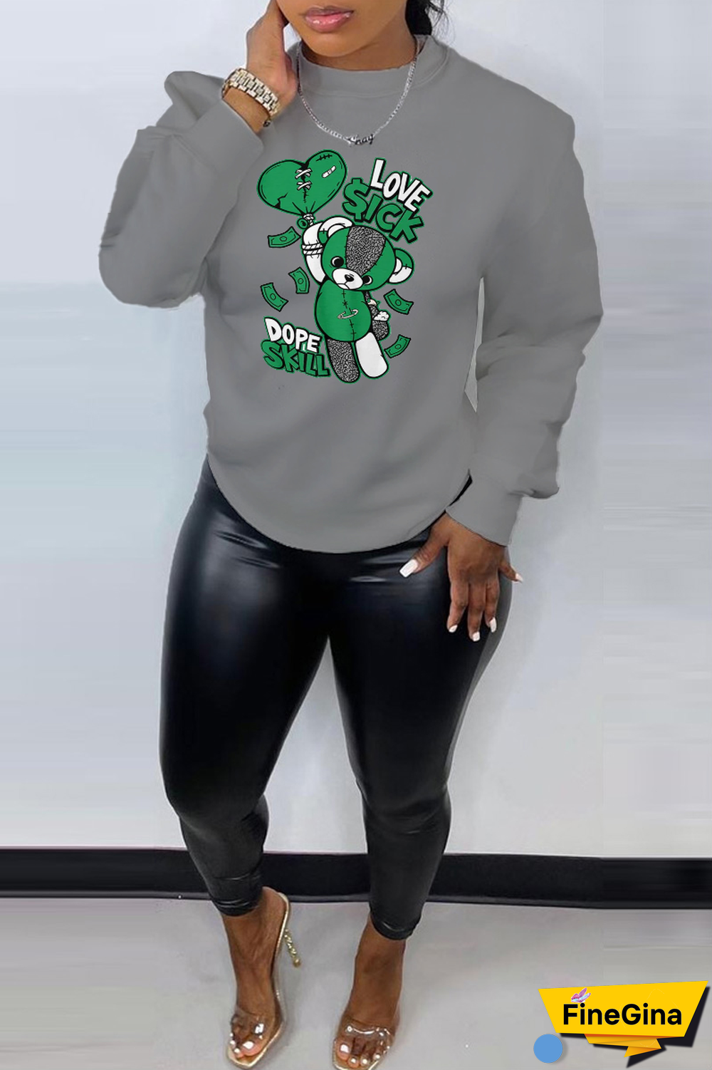 Black Daily Cute Print Patchwork O Neck Tops