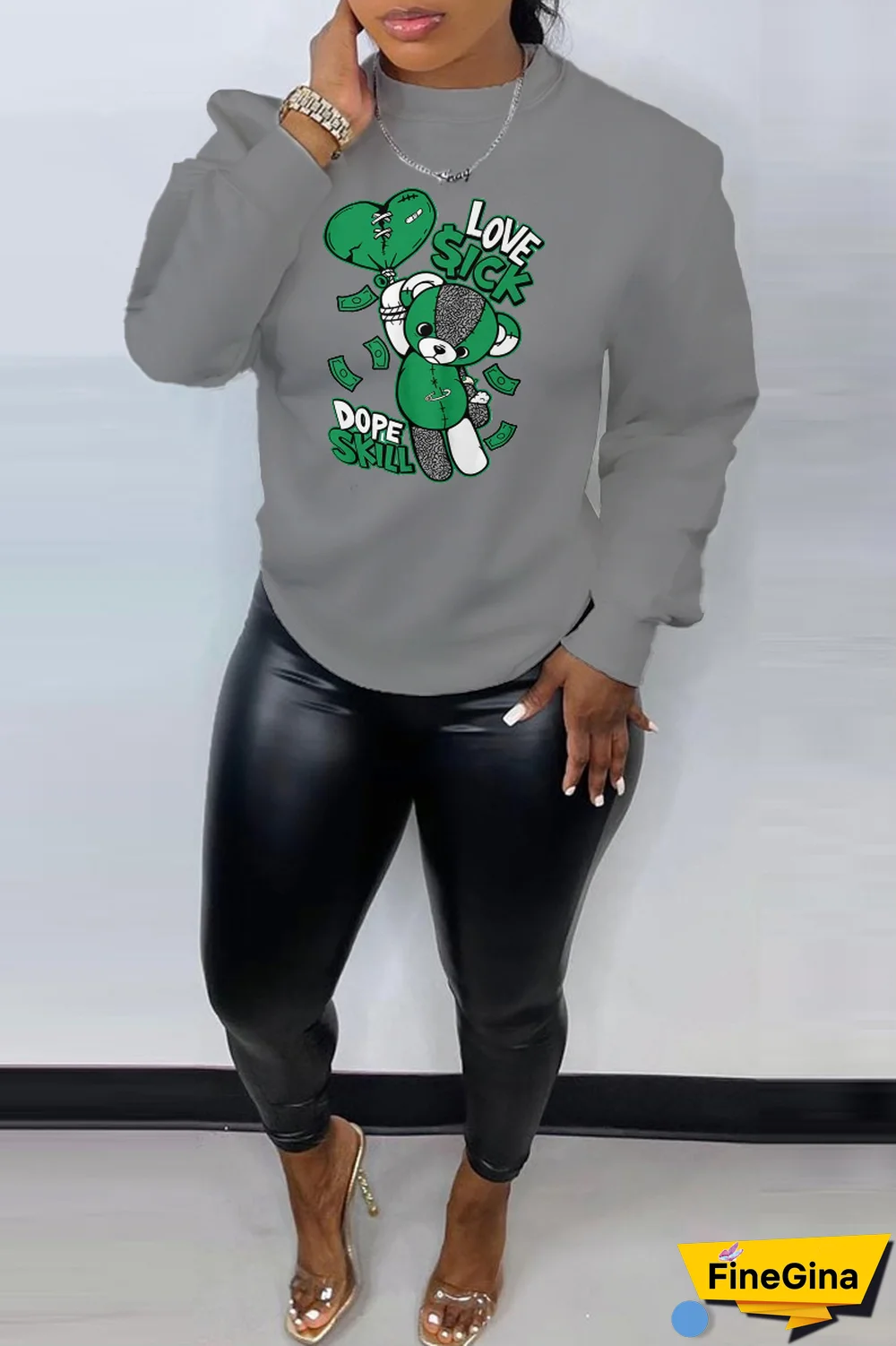 Black Daily Cute Print Patchwork O Neck Tops