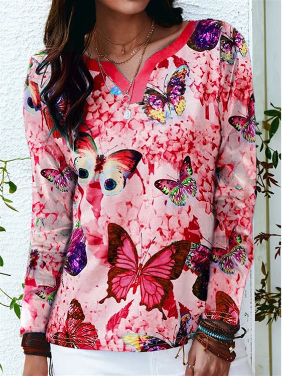 Women Long Sleeve V-neck Floral Printed Tops