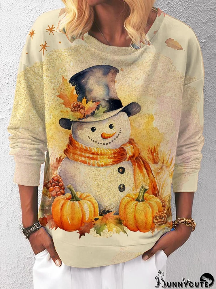 Vintage Pumpkin Snowman Print Long Sleeve Top