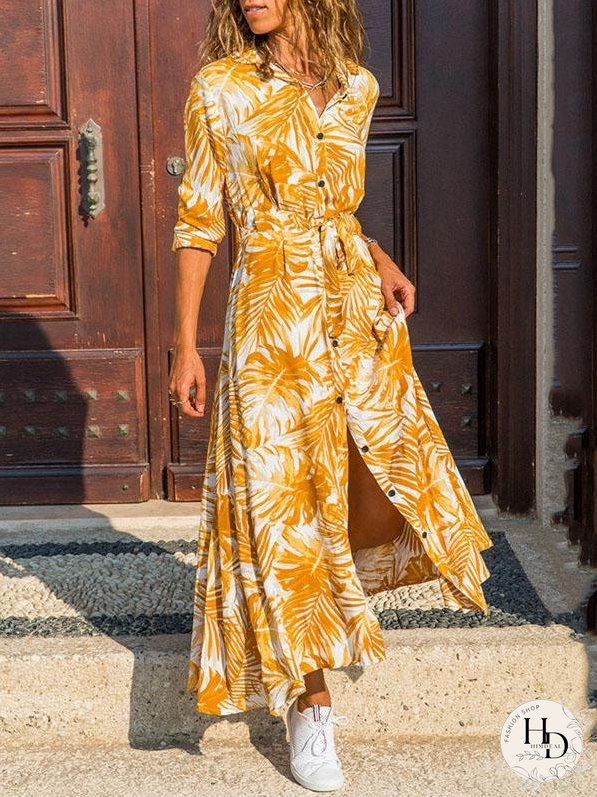 Casual Printed High-waist Lace-up Chiffon Shirt Dress