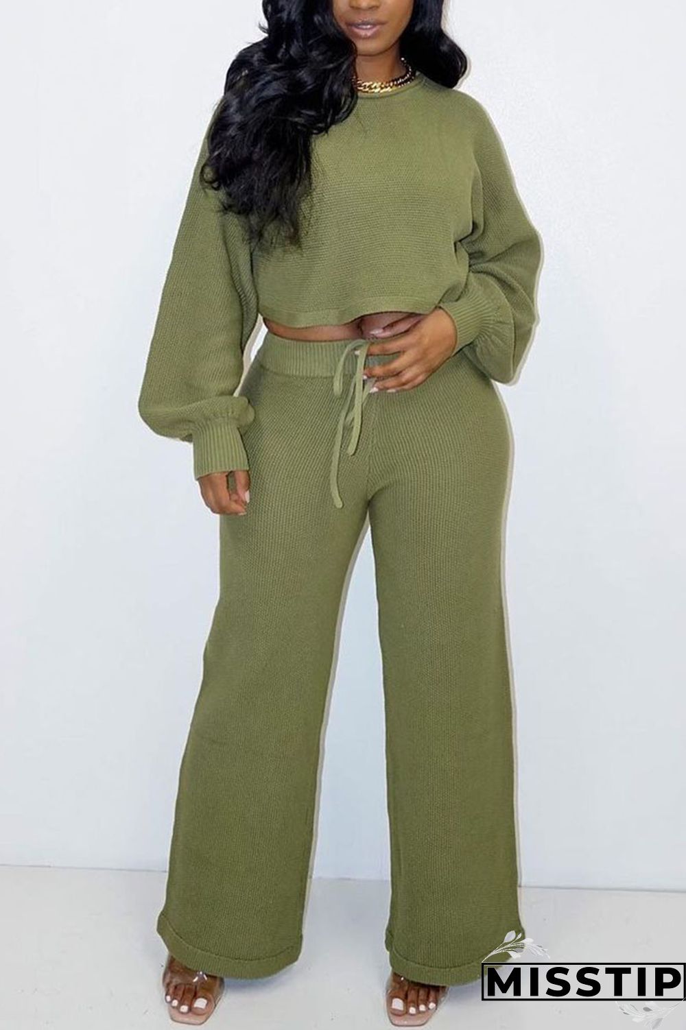 Light Blue Casual Solid O Neck Long Sleeve Two Pieces