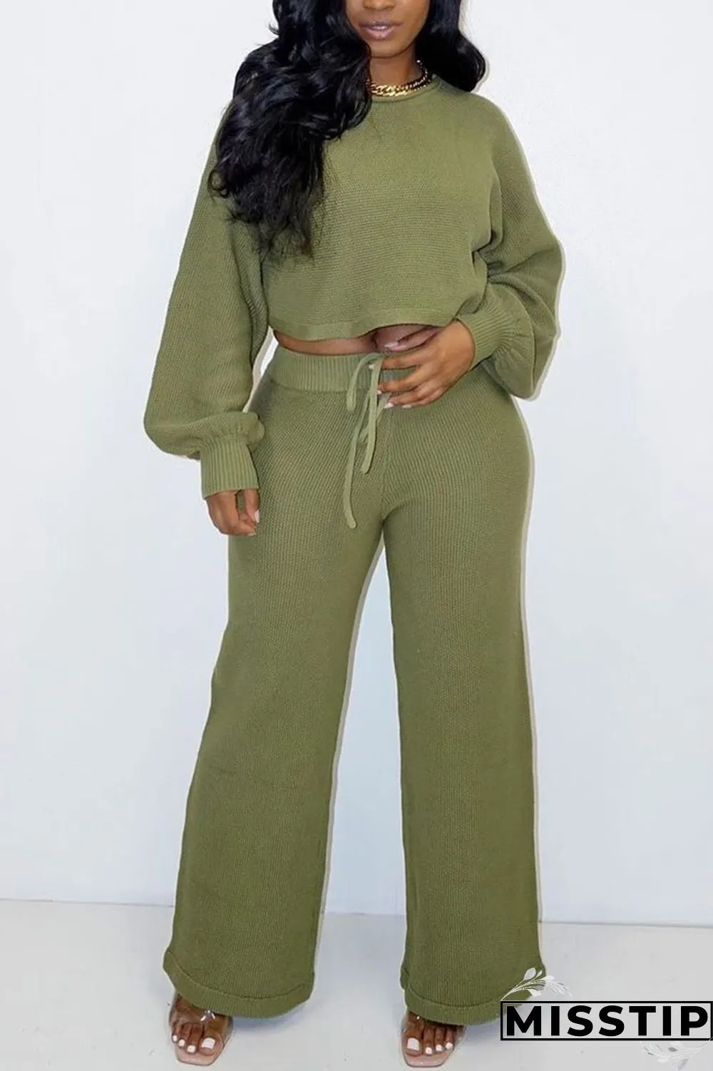 Light Blue Casual Solid O Neck Long Sleeve Two Pieces