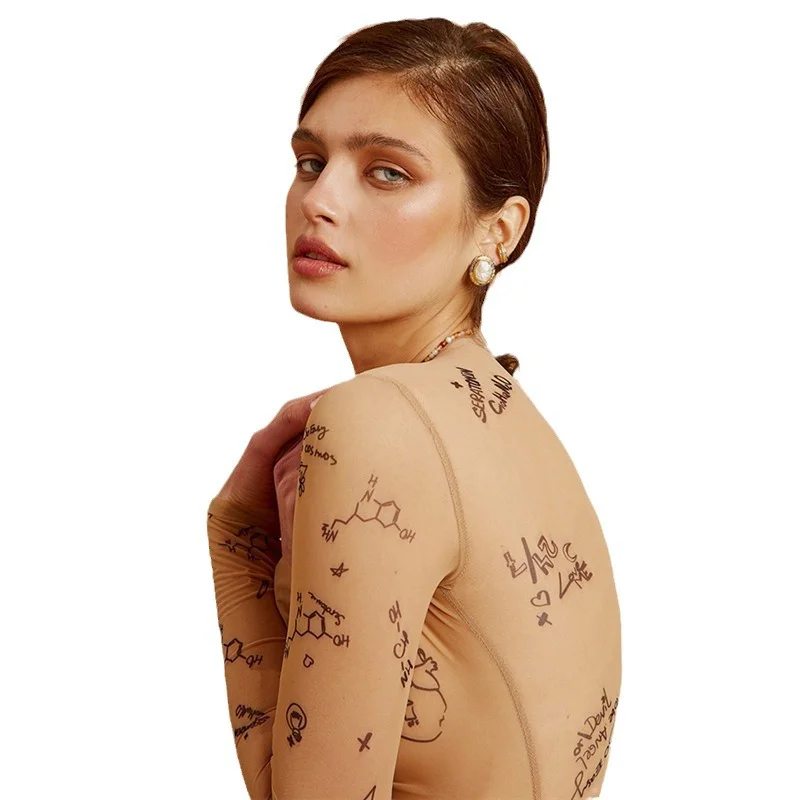 Uveng Uveng 2024 Summer New Women's Round Collar Long Sleeve Fashion Mesh Perspective Sexy Slim Onesie Women