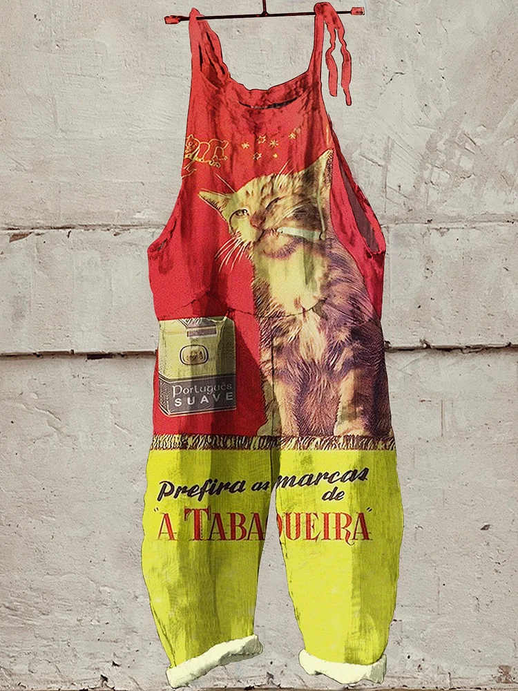 Women's  Retro Cat Art Print Casual 100% Cotton Wide Leg Jumpsuit