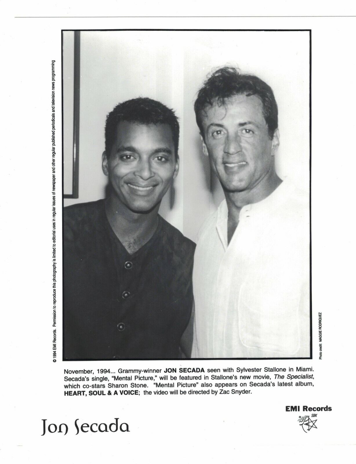 1994 Jon Secada & Sylvester Stallone 8 x 10