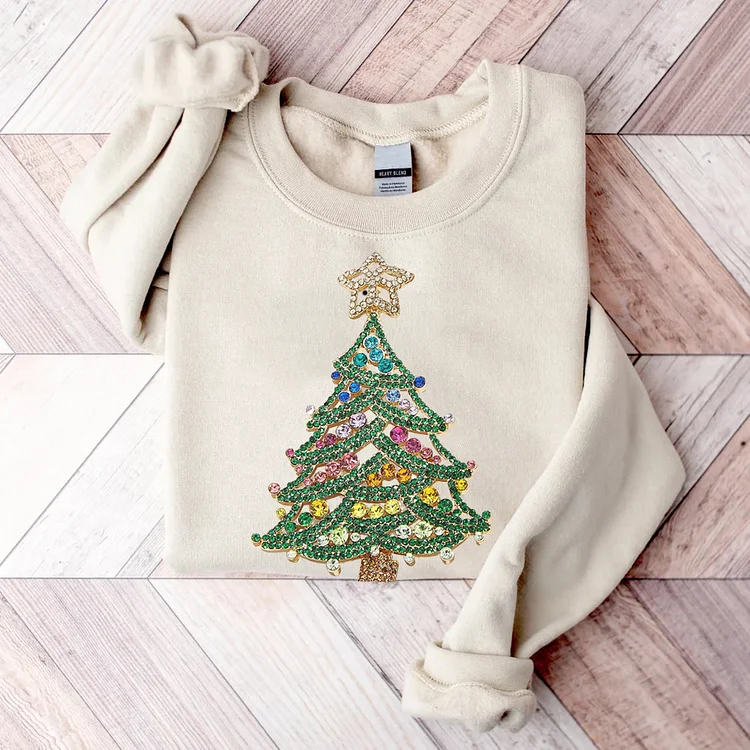 Wearshes Christmas Tree Printed Casual Long Sleeve Cozy Sweatshirt