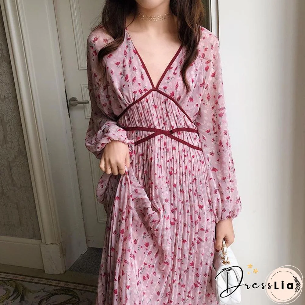 New Arrival Women Floral Long Pleated Dress V-neck Long Sleeves Slim Dress Sweet Fairy Temperament Korean Style