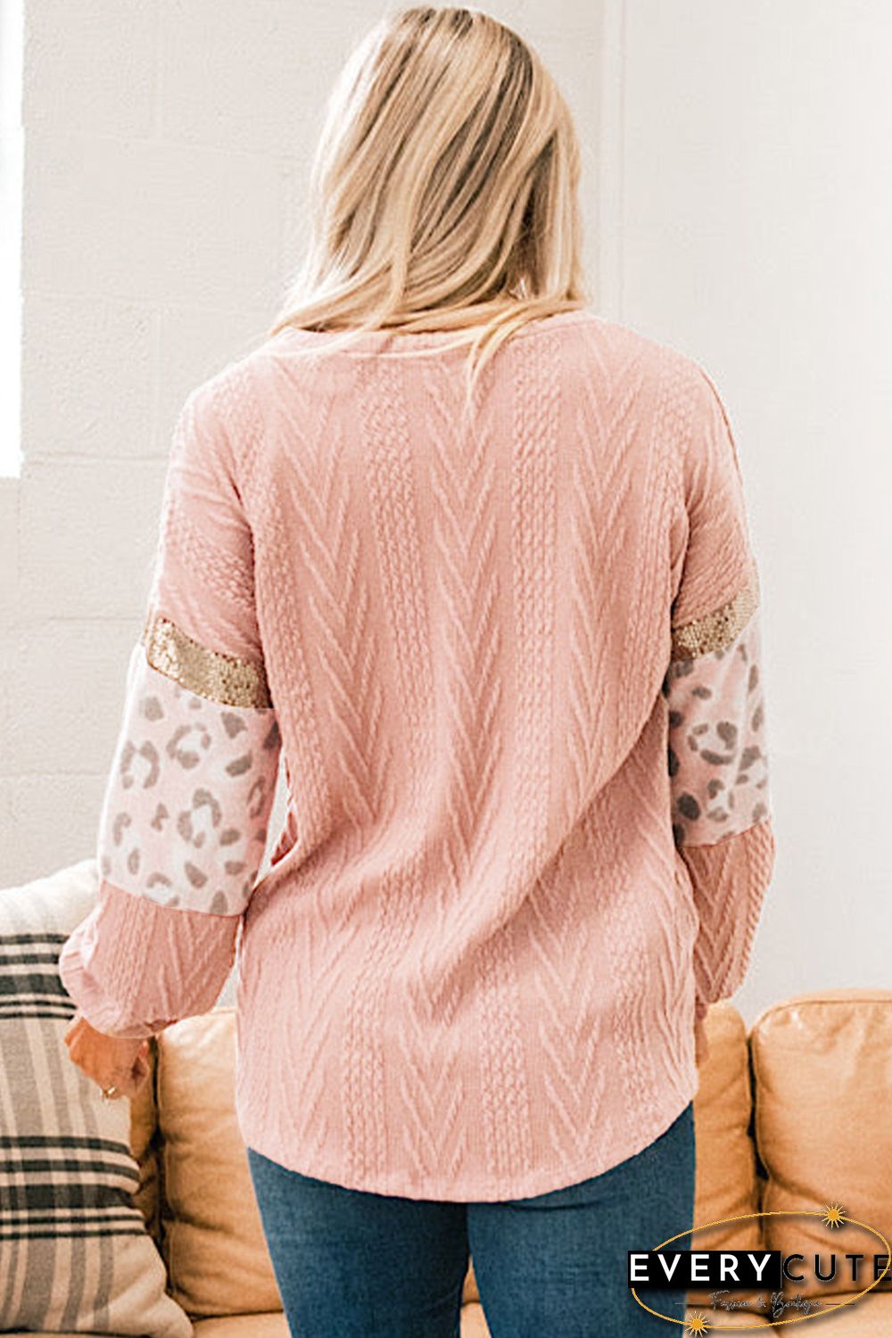 Pink Leopard Sequin Splicing Sleeves Textured Knit Top