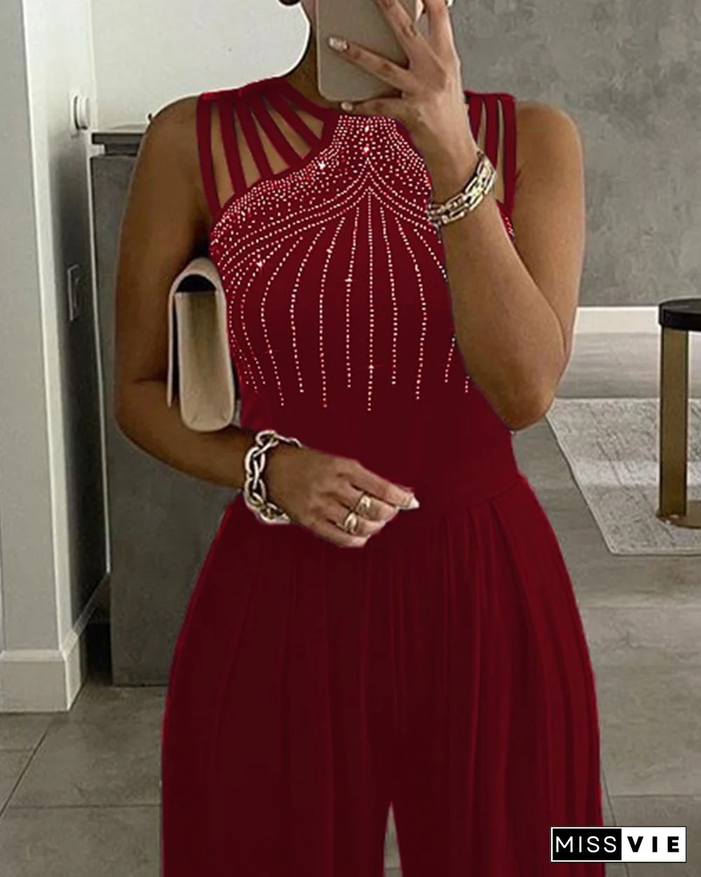 Studded Cutout Ruched Wide Leg Jumpsuit