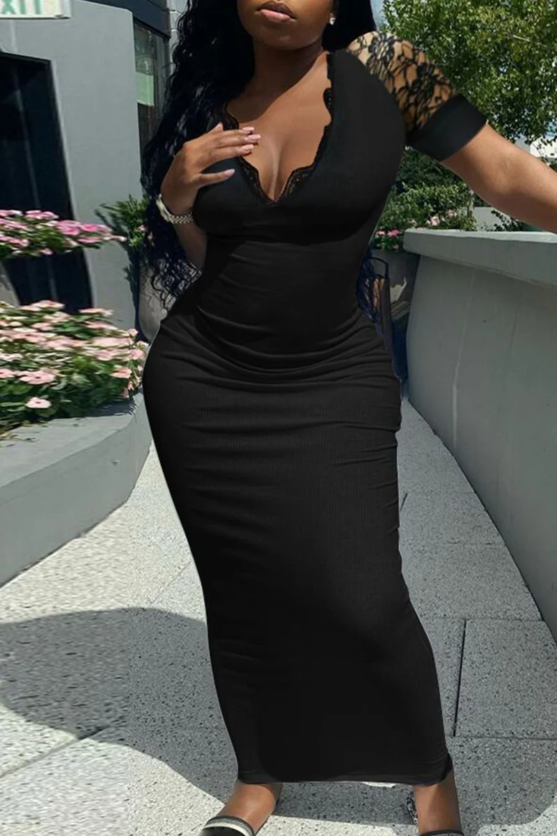 Black Fashion Solid Split Joint V Neck Short Sleeve Dress