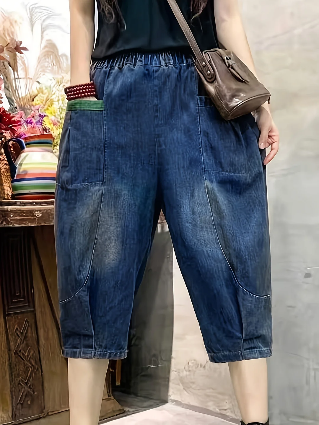 【Imitation Denim】Women's Stylish Summer Lightweight Five-Point Faux Denim Shorts, Loose Washed Harem Pants With Elastic Waist, Vintage Casual Capris | IFYHOME