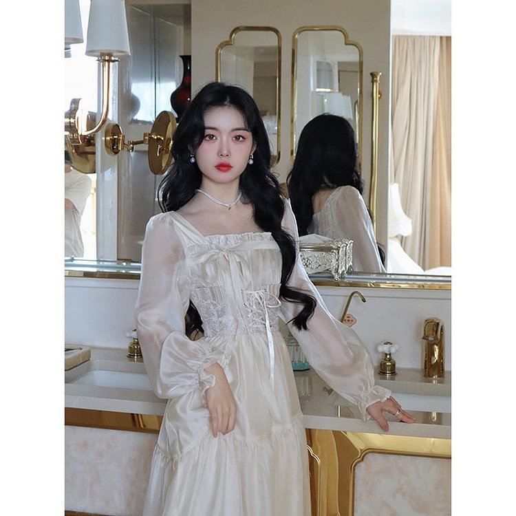 Square Neck Lace Cap Sleeves Ruffles Long Dress Papaya