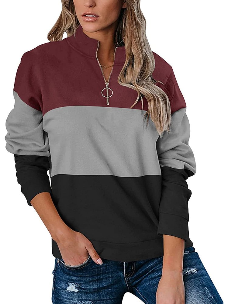 Color Block Casual Zip Front Sweatshirt