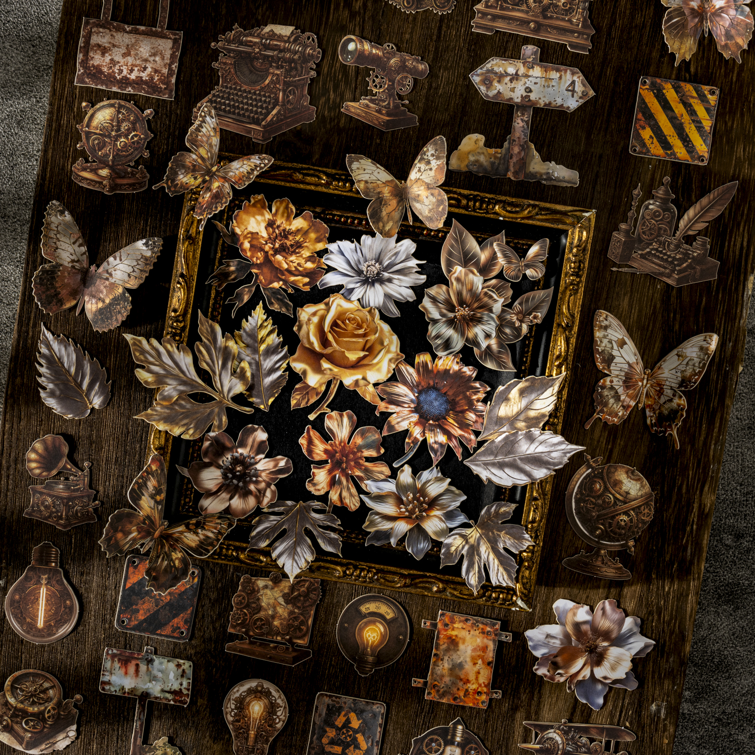 스티커 - 메탈 컬렉션 시리즈 빈티지 기어 꽃 나비