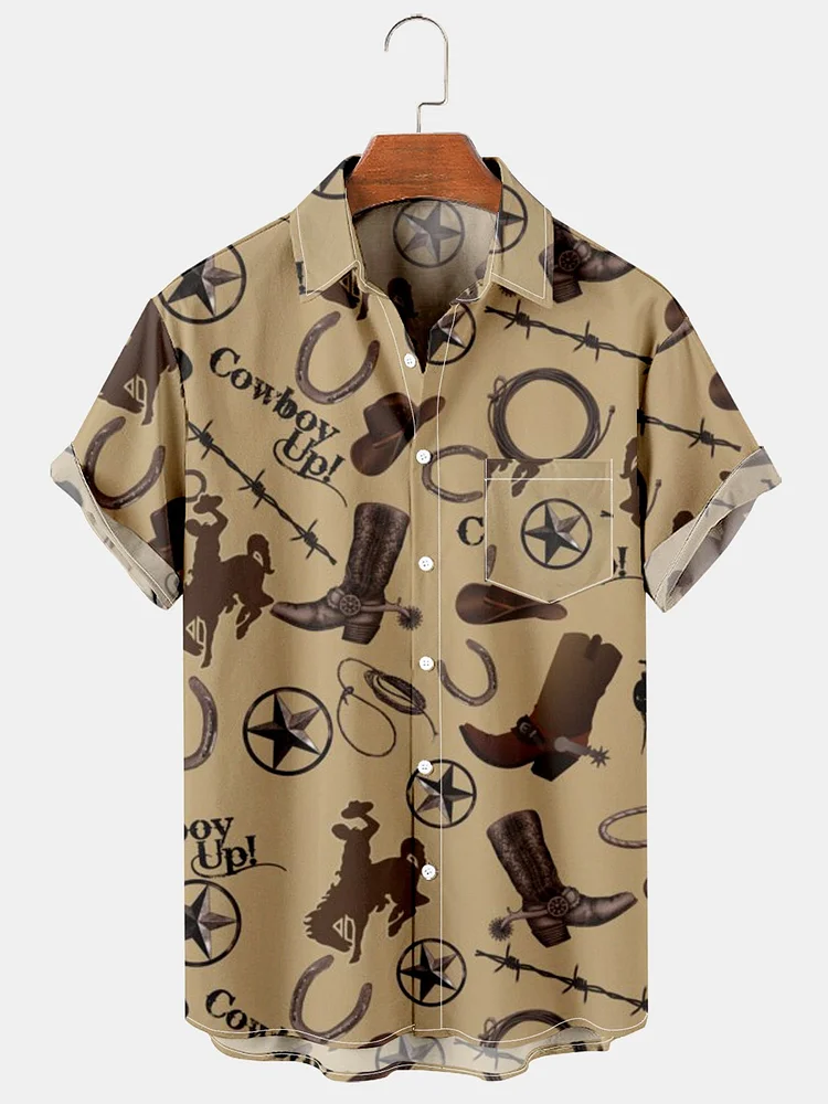 Men's Vintage Western Denim Print Casual Shirt