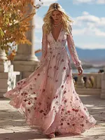 Boho Pink Floral Embroidered V Neck Flowy Maxi Dress