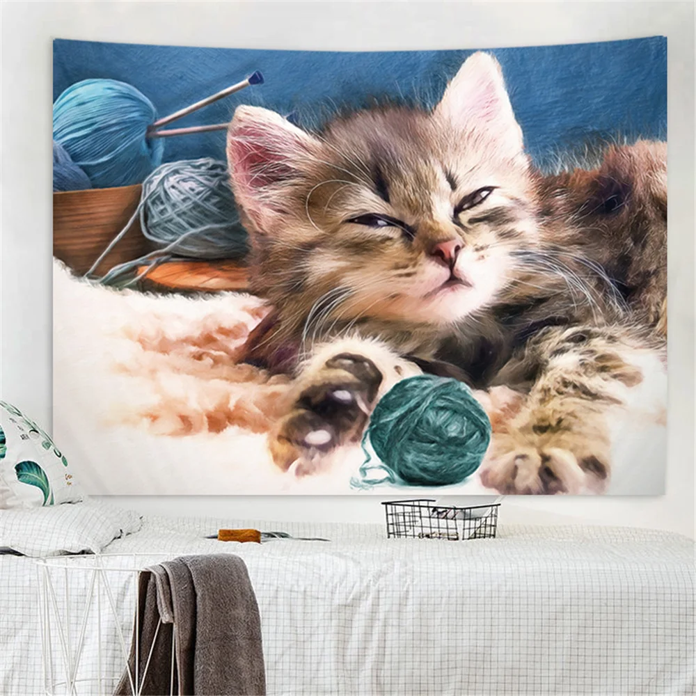 Nigikala Warm Color Plant Playing Yarn Ball Cat Print Tapestry Wall Aesthetic Tapestry Wall Tapestry Christmas Tree Wall Decor