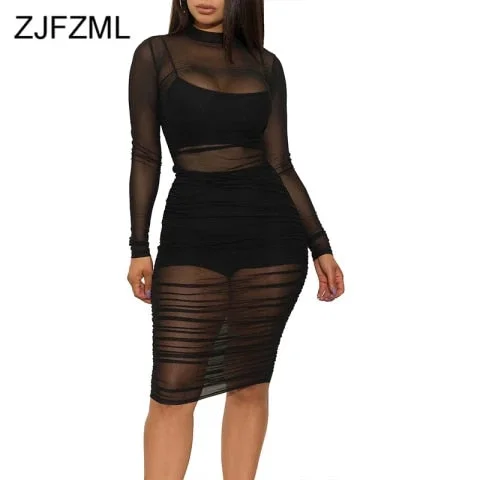 Pornhint Sexy Transparent 3 Piece Set Women Turtleneck Long Sleeve Ruched Mesh Dress + Straped Crop Top + Bodycon Shorts Club Outfits