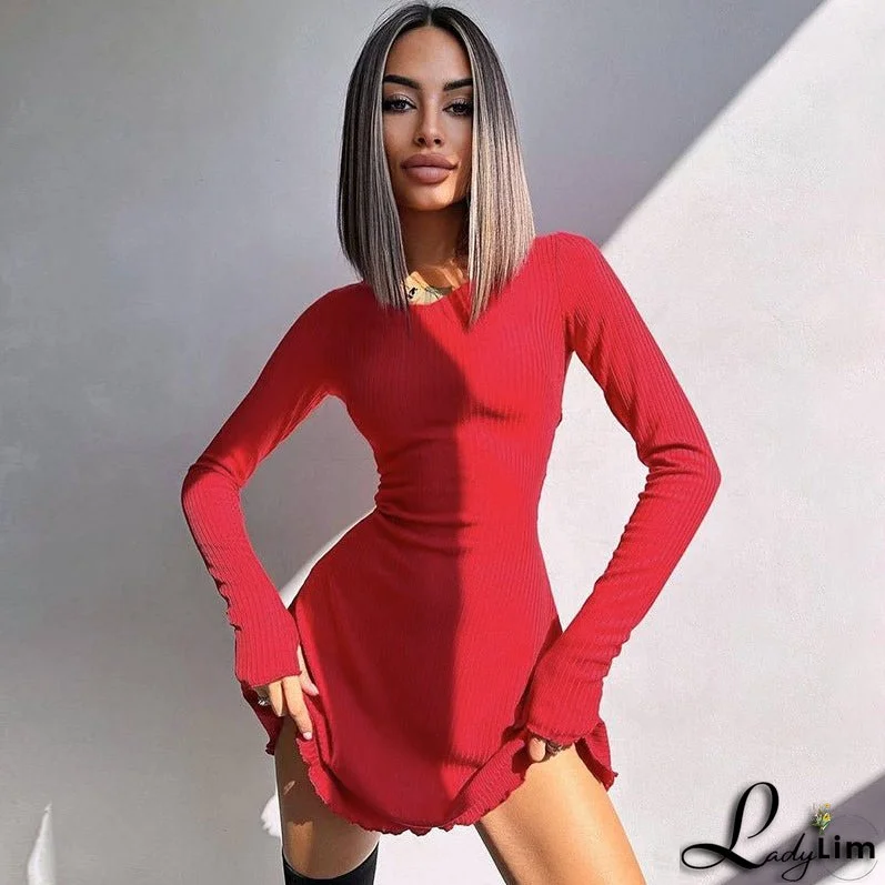 Minimalist Solid Color Dress with Back Lace-Up Waist Control