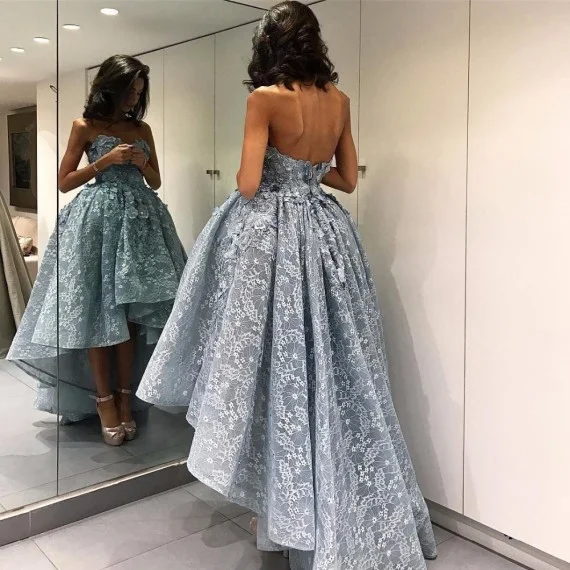 High Low Sweetheart Blue Lace Prom Dresses with Appliques Homecoming Dresses High Low Lace Dresses for Women