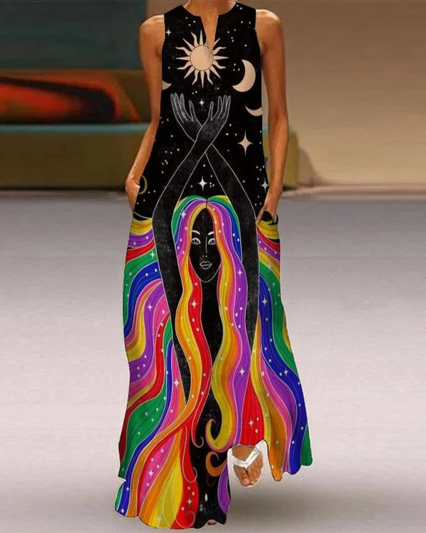 🔥kukelife🔥Hippie Art V-Neck Sleeveless Maxi Dress