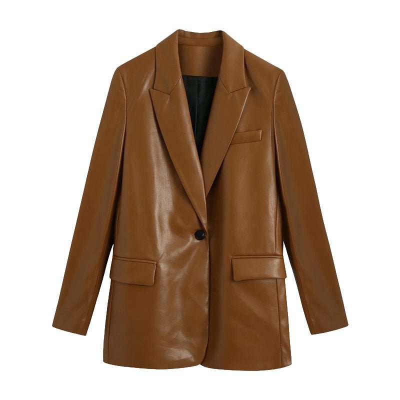TRAF Women 2020 Fashion Faux Leather Single Button Blazers Coat Vintage Long Sleeve Pockets Female Outerwear Chic Tops