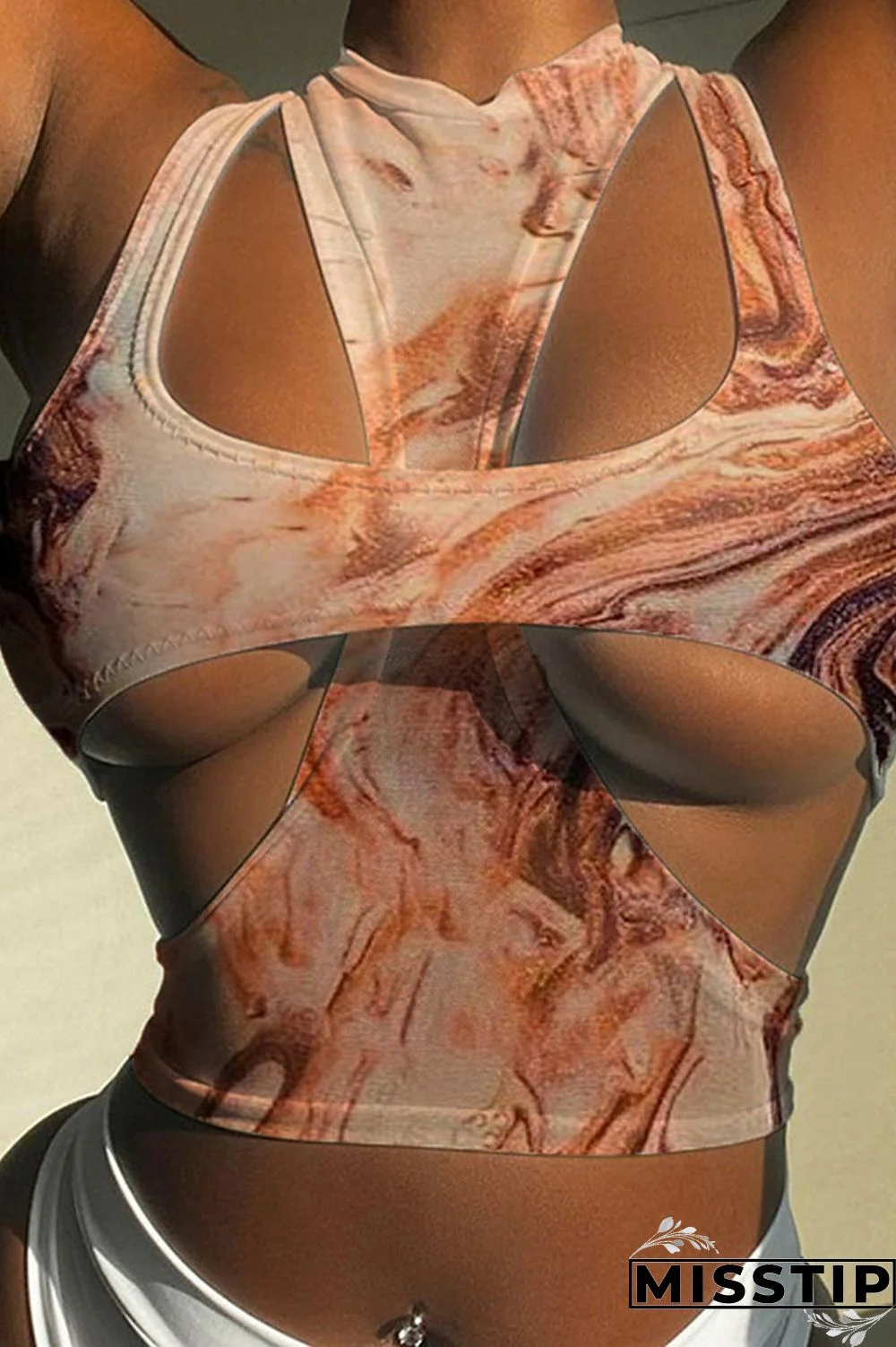 Coffee Fashion Sexy Print Hollowed Out O Neck Tops Two-piece Set