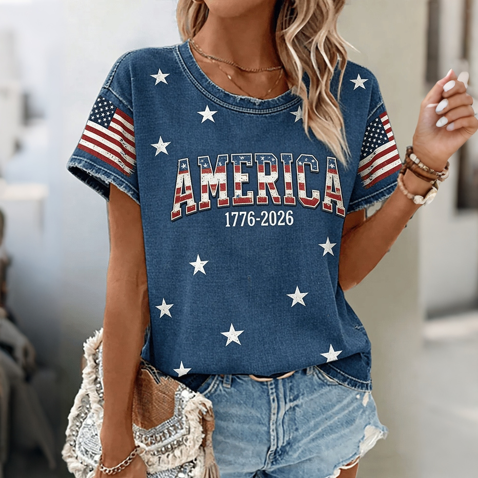  Women's Vintage Independence Day Flag Print Crew Neck T-shirt Westsshops