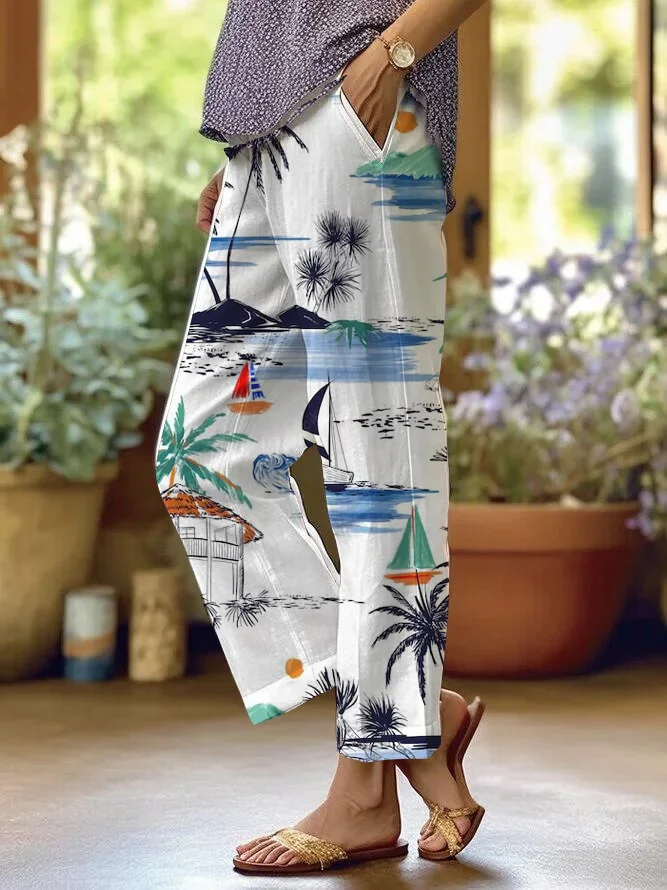 Women's Beach Vacation Hawaiian Style Printed Elastic Waist Straight Pants socialshop