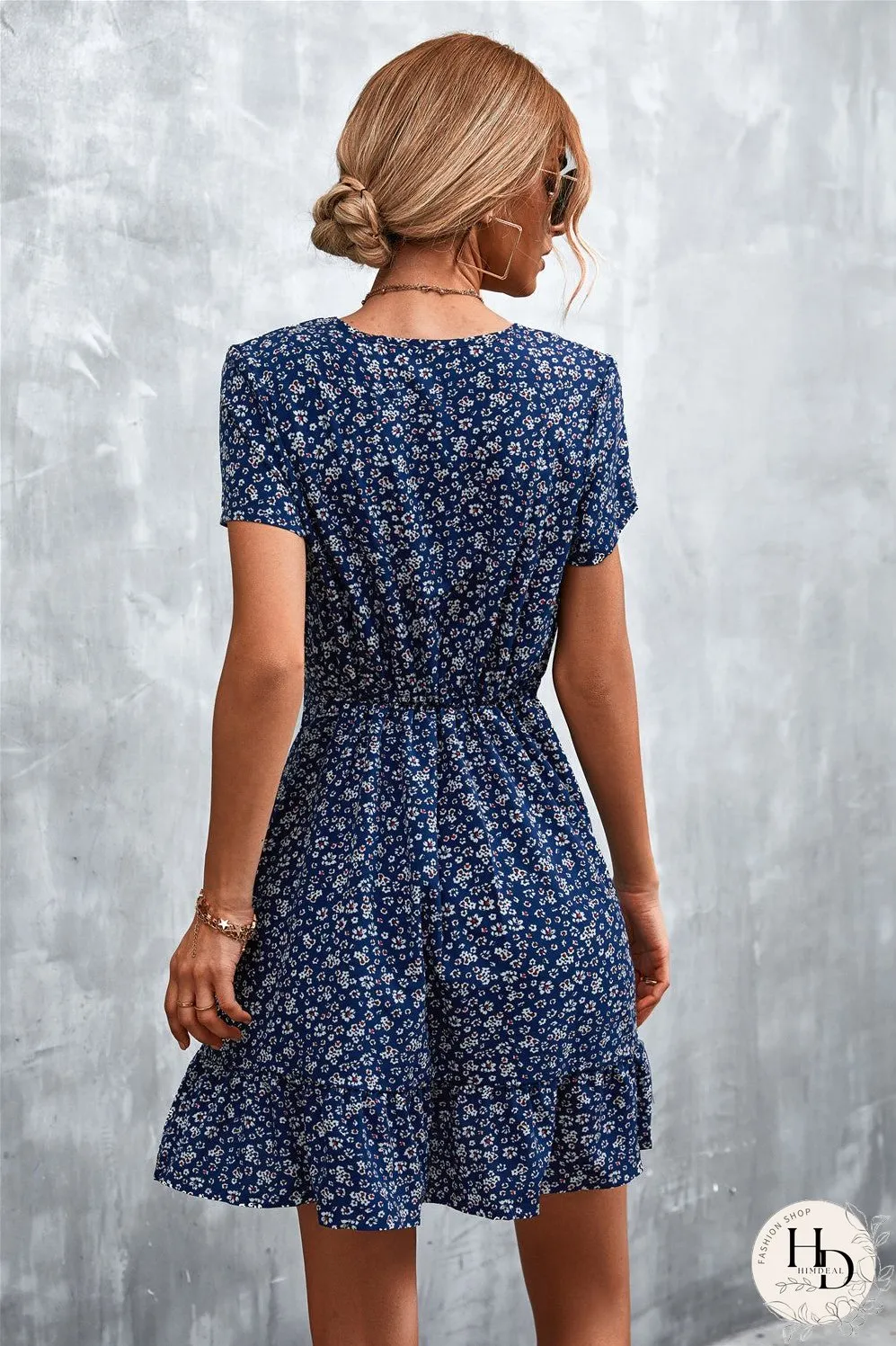 Ditsy Floral V-Neck Short Sleeve Dress