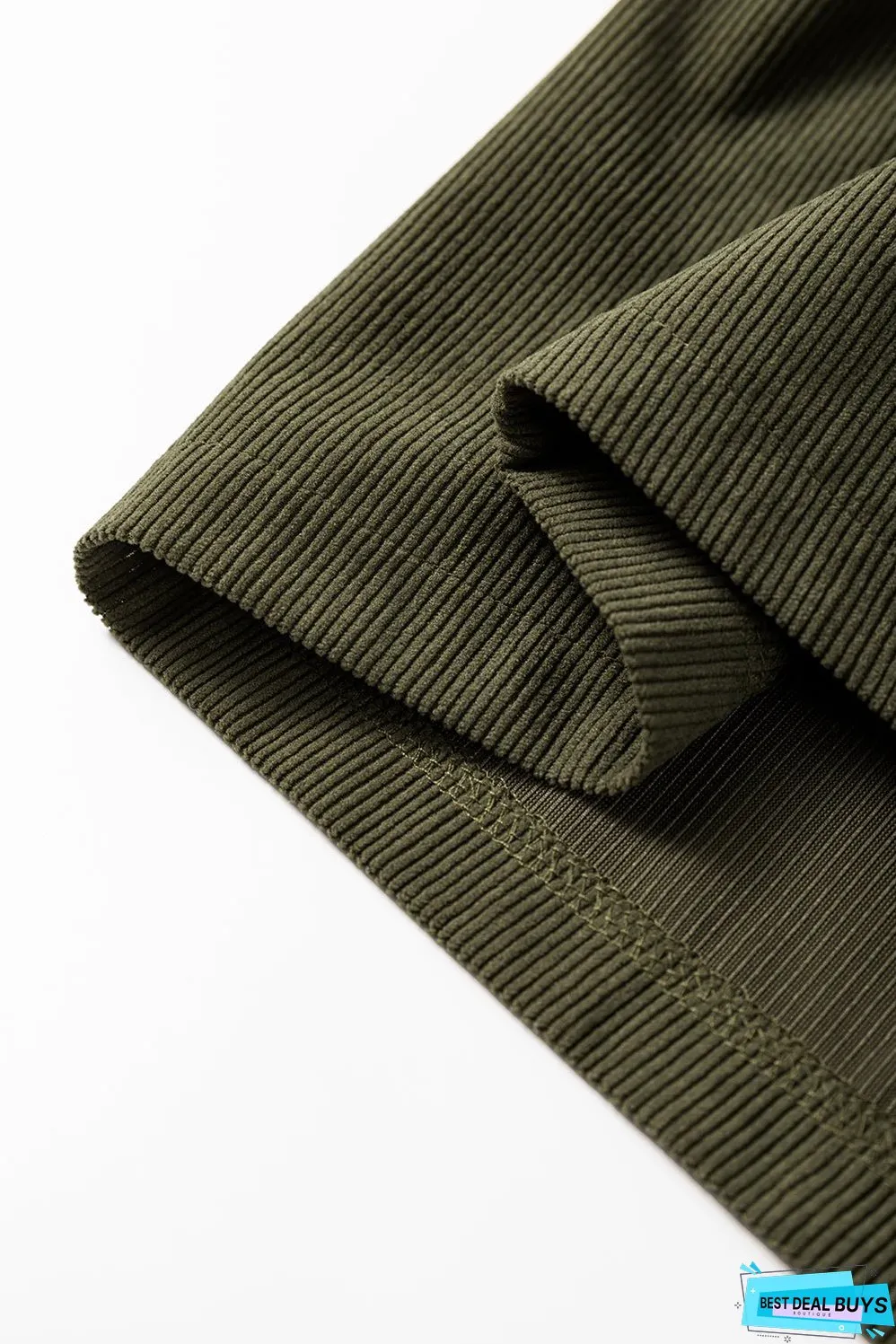 Vineyard Green Corduroy Snap Buttons Empire Waist Bracelet Sleeve Dress