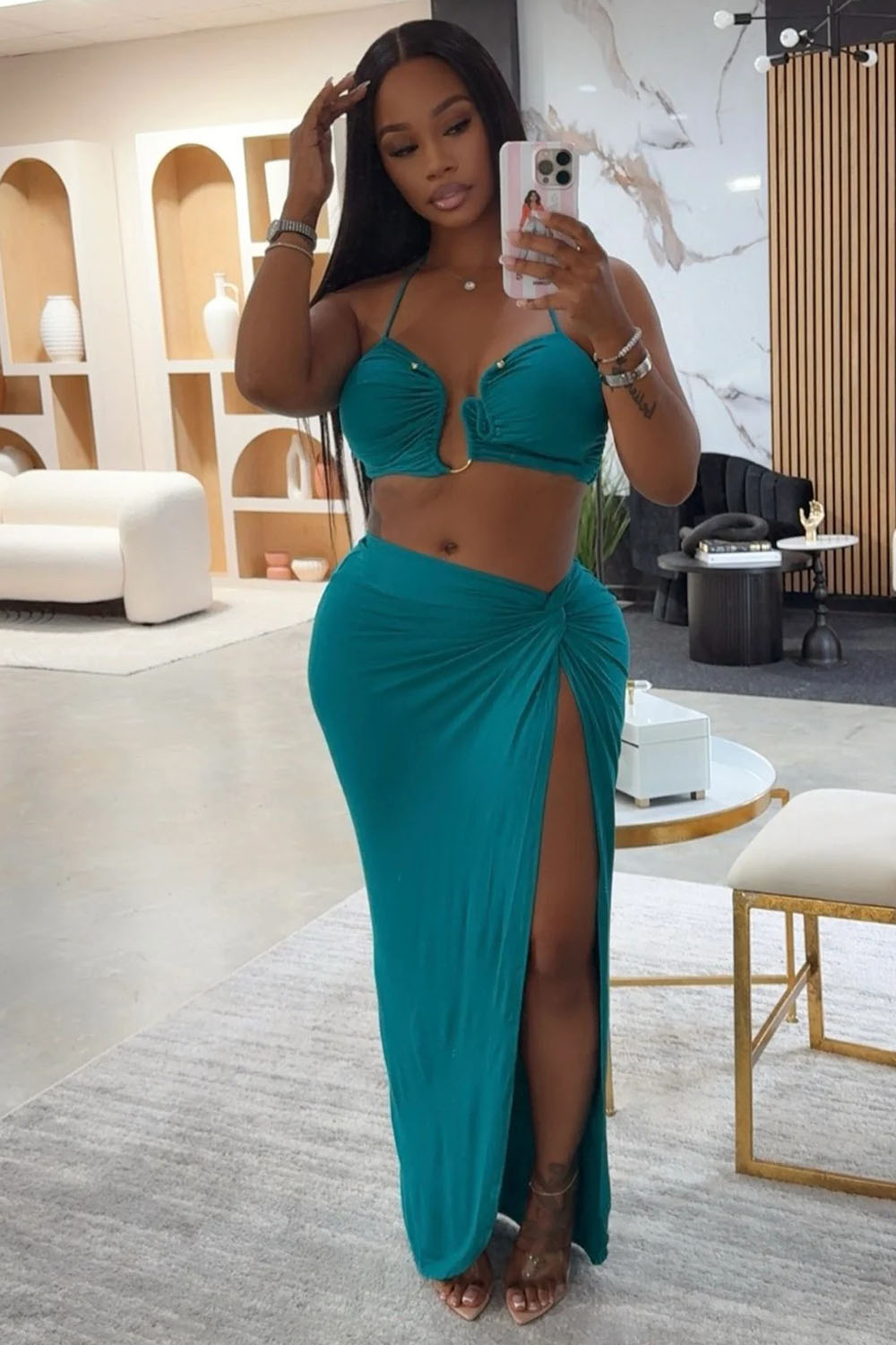 V-Wire Bra Halter Top Slit Maxi Skirt Vacation 2pcs Set-Teal [Pre Order]
