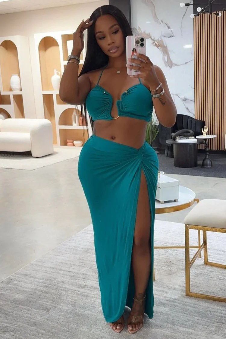 V-Wire Bra Halter Top Slit Maxi Skirt Vacation 2pcs Set-Teal [Pre Order]