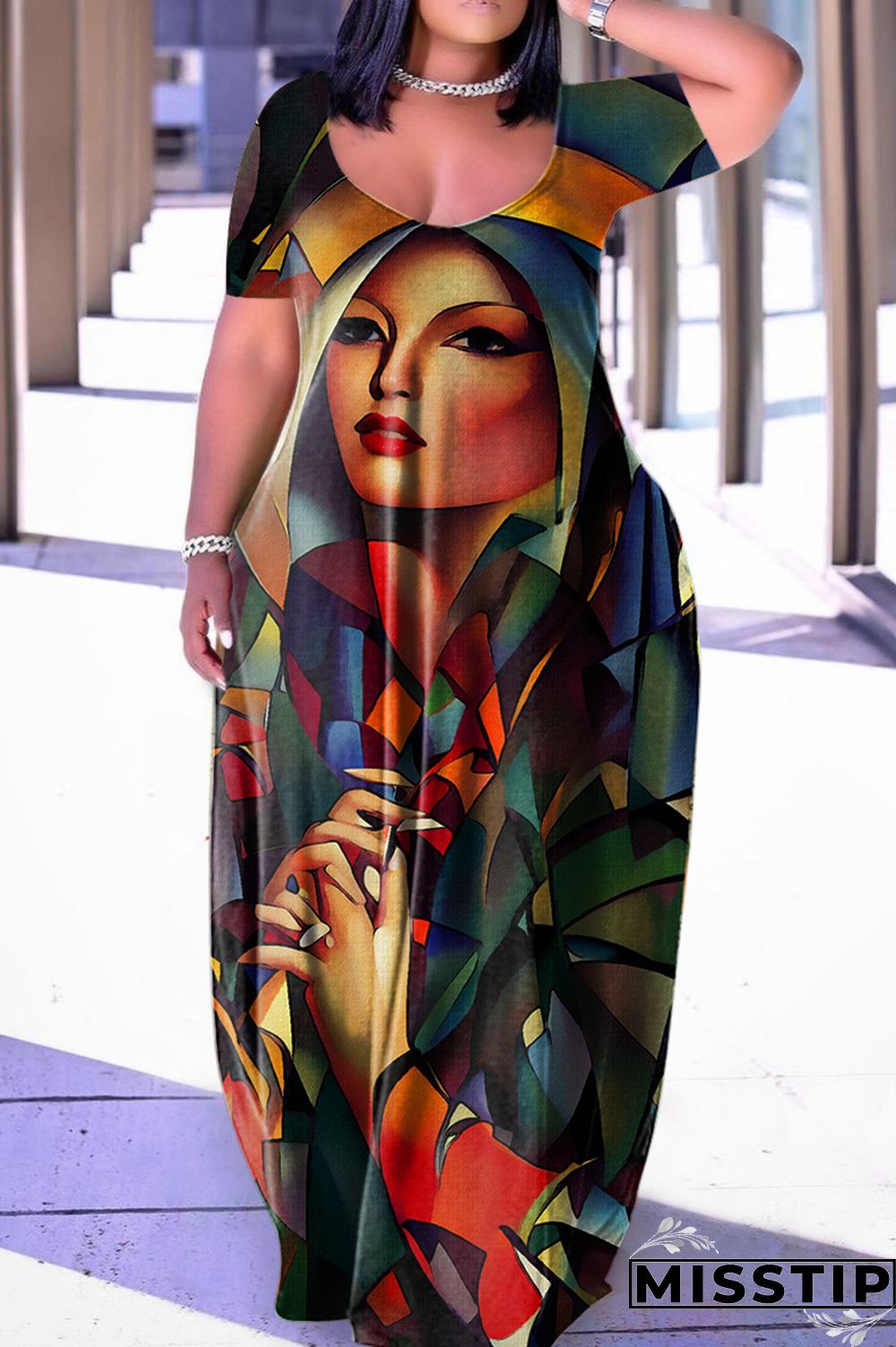 Dark Blue Casual Print Basic V Neck Short Sleeve Dress Dresses