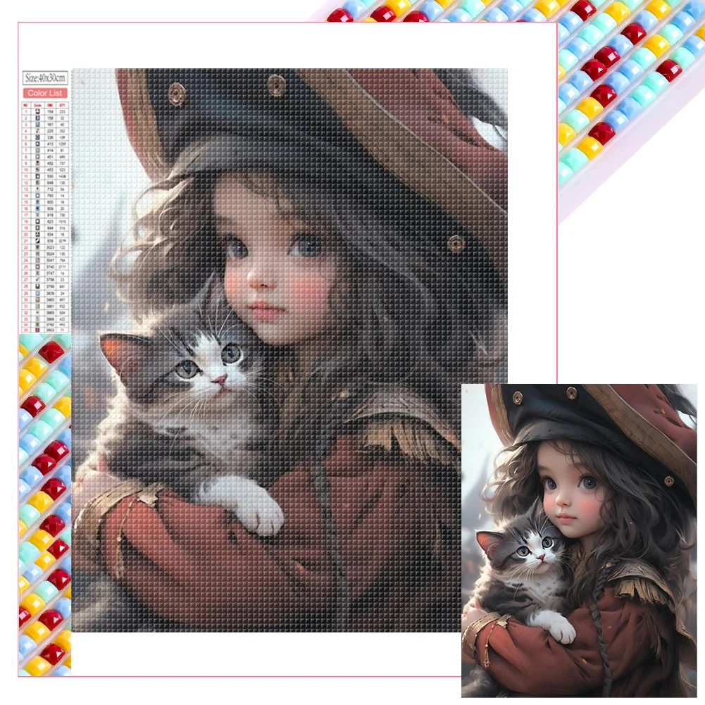 Full Square Diamond Painting - Girl&Cat(Canvas|35*45cm)