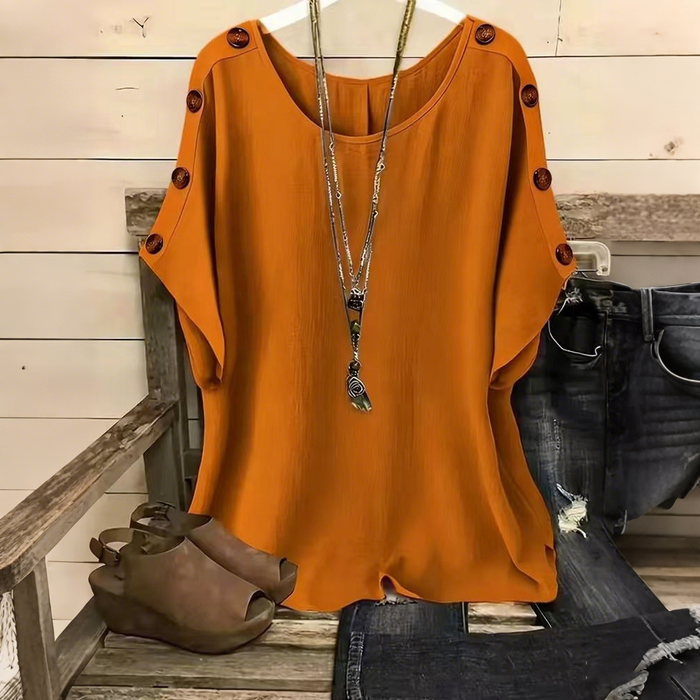 Women's Solid Color Round Neck Loose Button Design T-shirt elevenforest