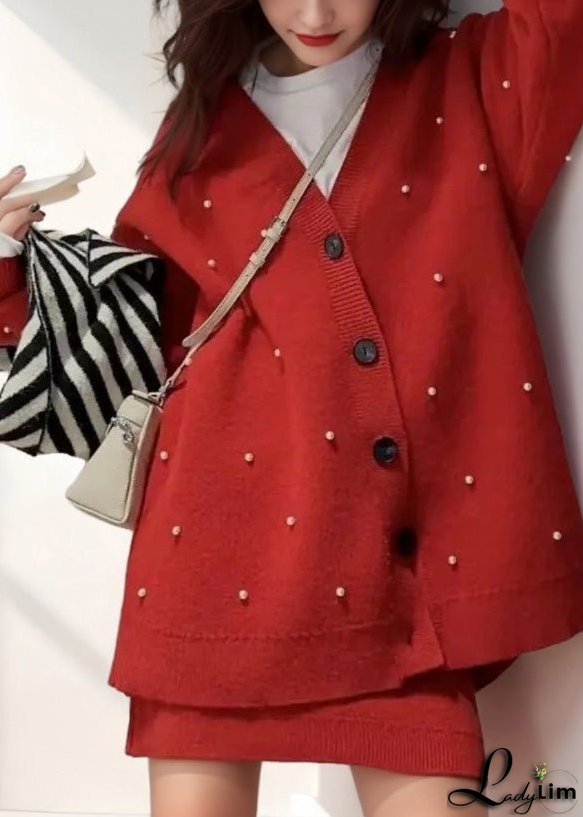 Fashion Red V Neck Nail Bead Cotton Knit Cardigan And Skirts Two Pieces Set Winter