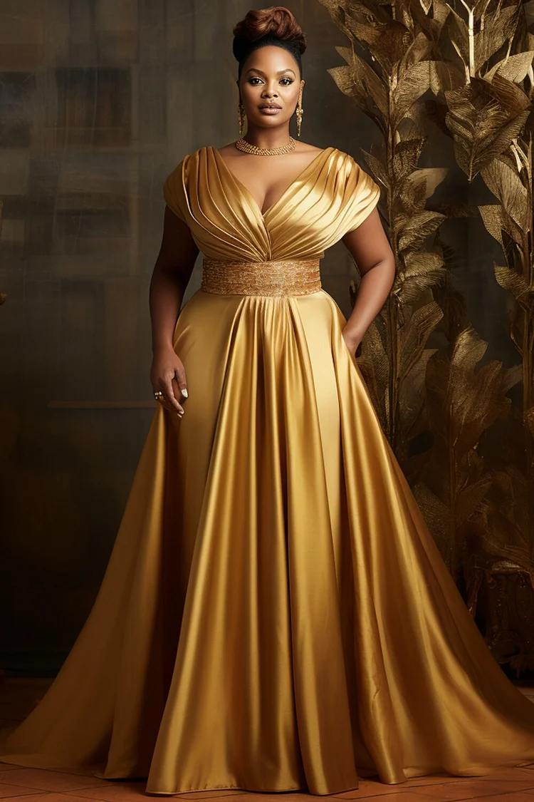Xpluswear Design Plus Size Formal Gold V Neck Short Sleeve Pocket Satin Maxi Dresses [Pre-Order] 2024 - Xpluswear