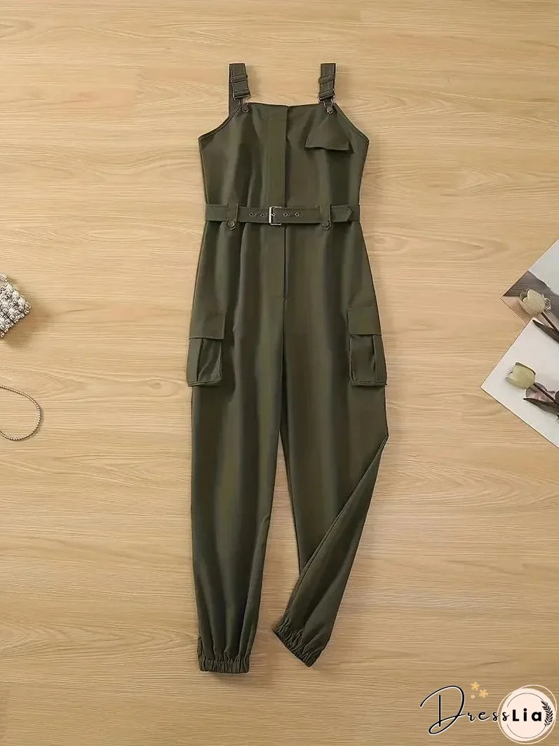 Casual Solid Color Belted Flap Pockets Jumpsuit